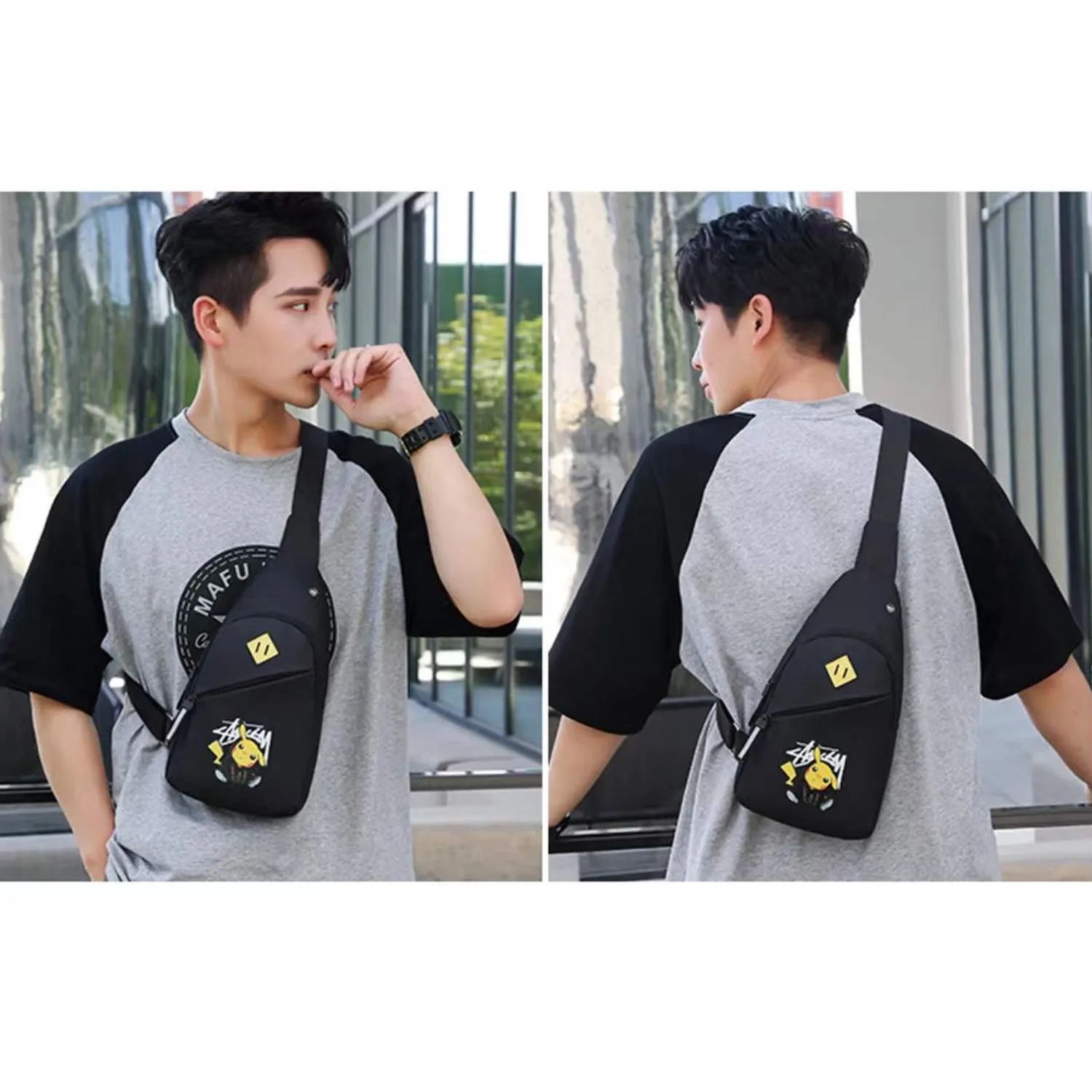 0324 cartoon fancy Waterproof Anti Theft Crossbody fanny pack waist bag PU Leather Shoulder Bags Chest Men Casual fashion USB Charging earphone hook Sling Travel Messengers Bag