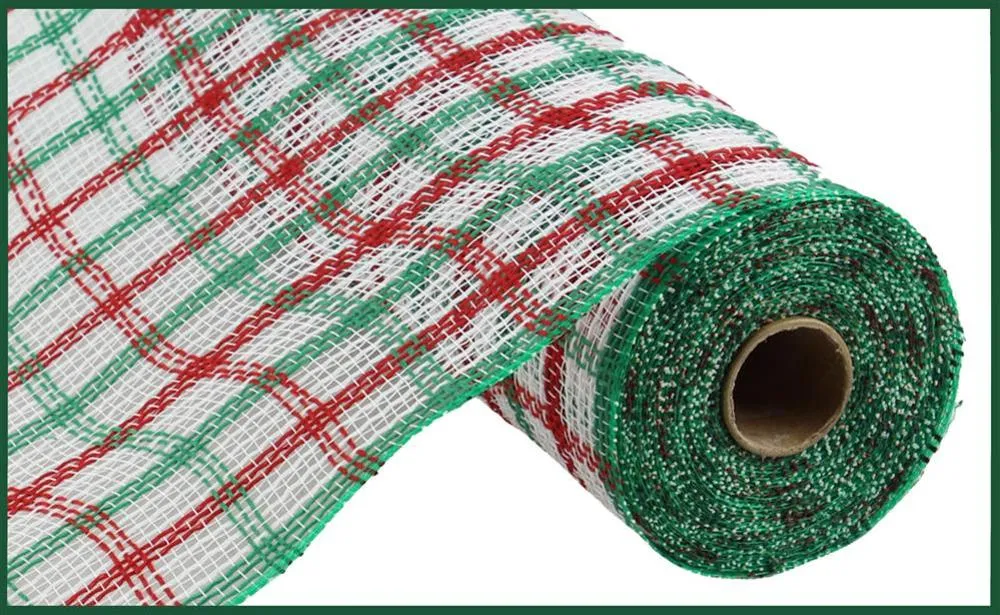 10.25"X10Yd Faux Jute Check Mesh  White/Red/Emerald  RY8339R3