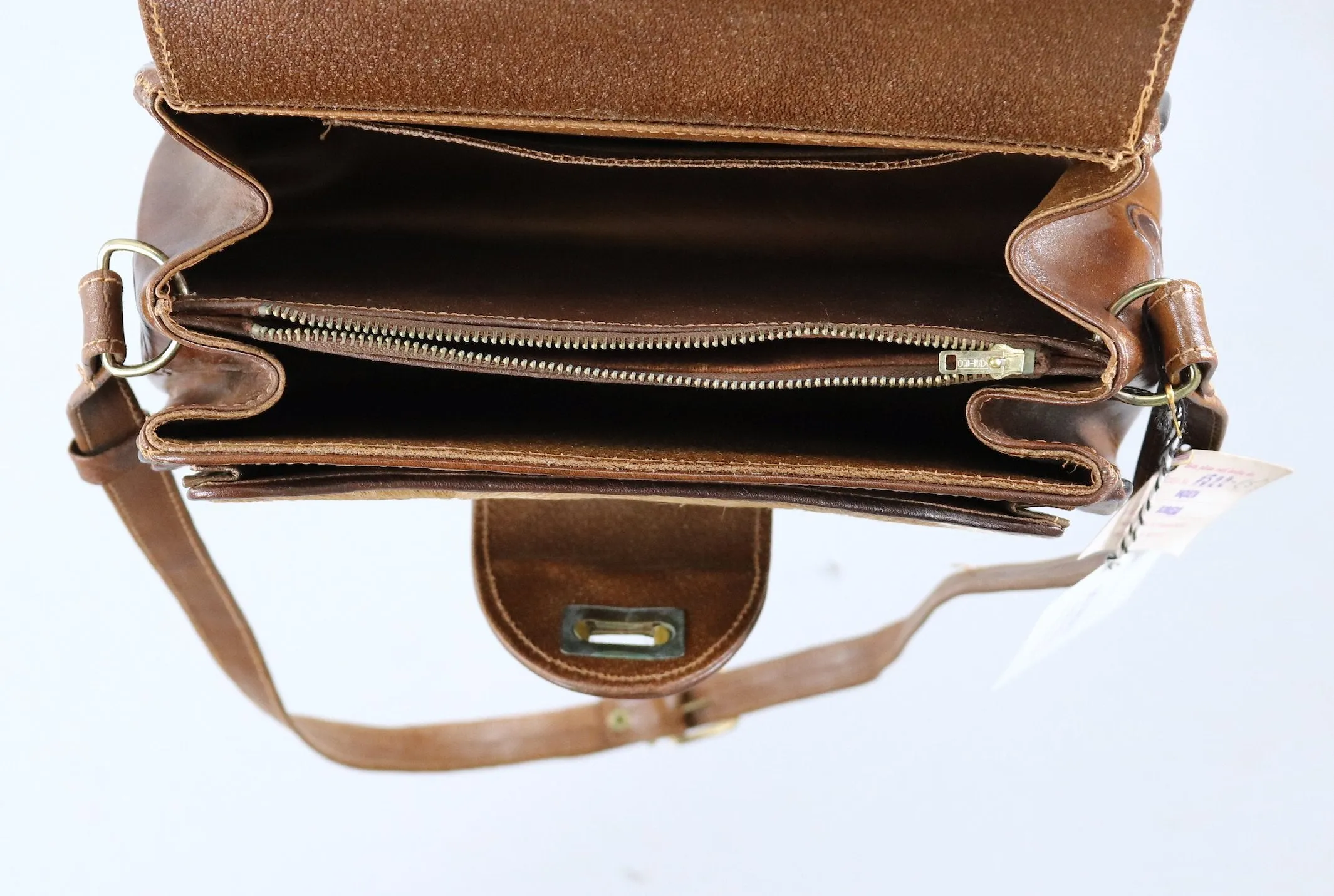 1960s Vintage Tooled Leather and Hide Shoulder Bag / Aztec Mexican