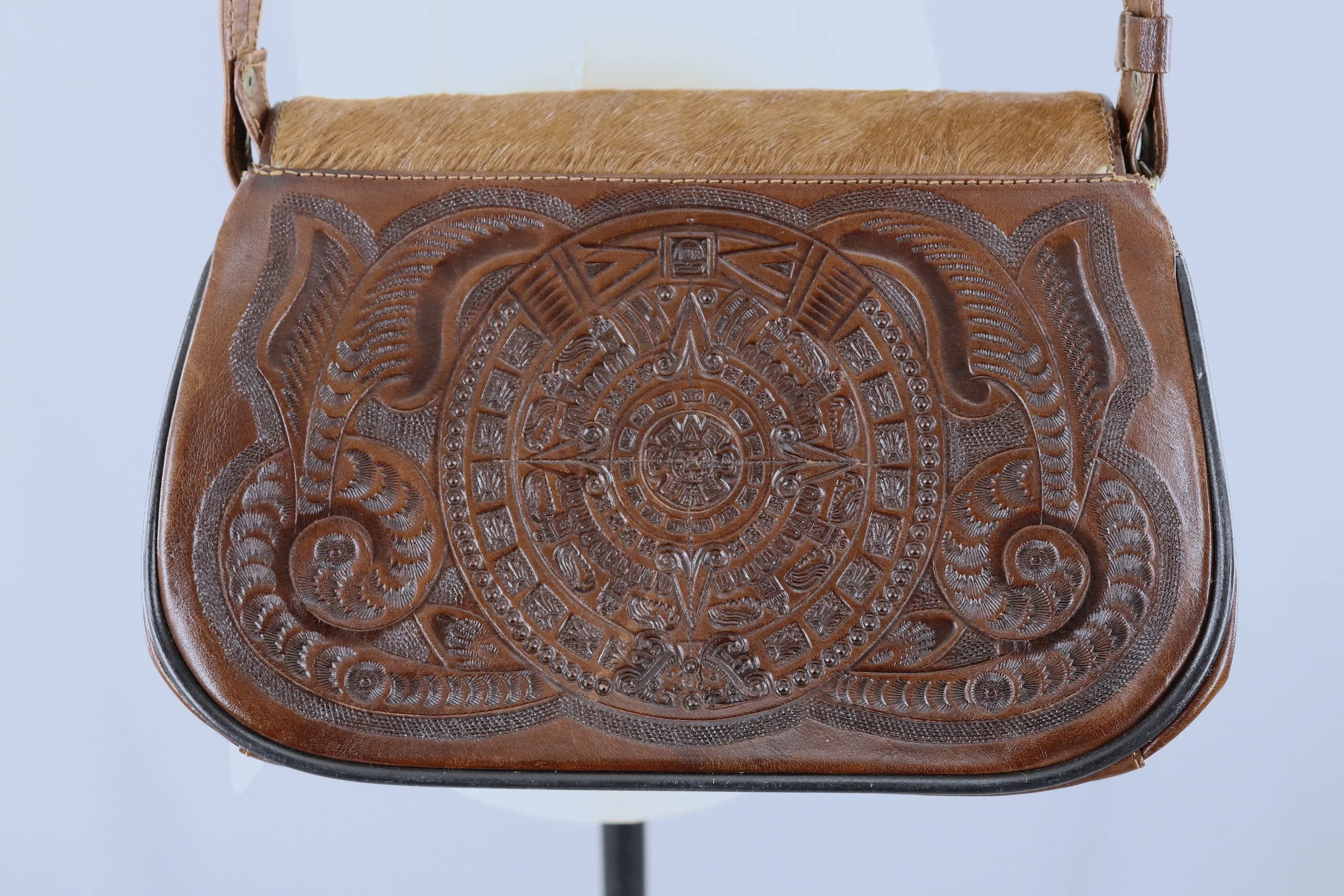 1960s Vintage Tooled Leather and Hide Shoulder Bag / Aztec Mexican