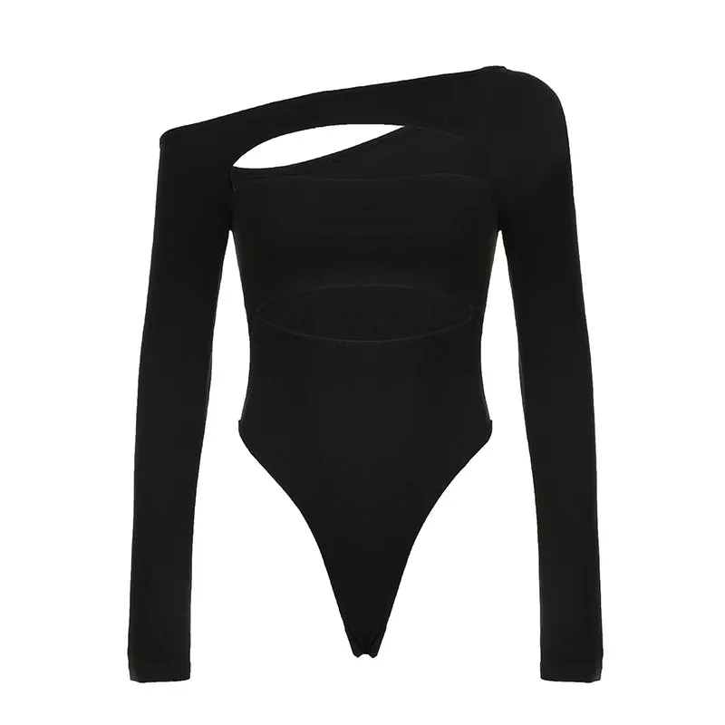 Asymmetrical Skinny Sexy Bodysuit Women Black Fashion Club Party Body Diagonal Collar Cut Out Catsuit Solid Jumpsuit