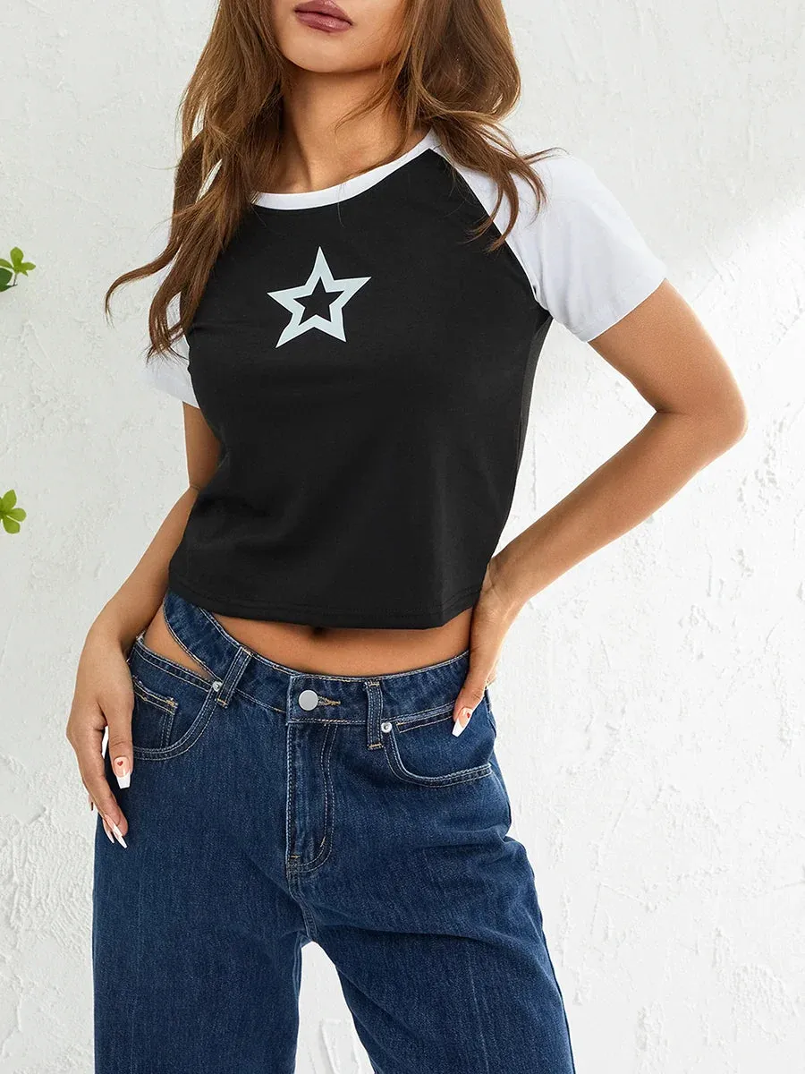 Baby Tees Short Sleeve E-Girls Cute Graphic Print Slim Fit Y2K T-shirt