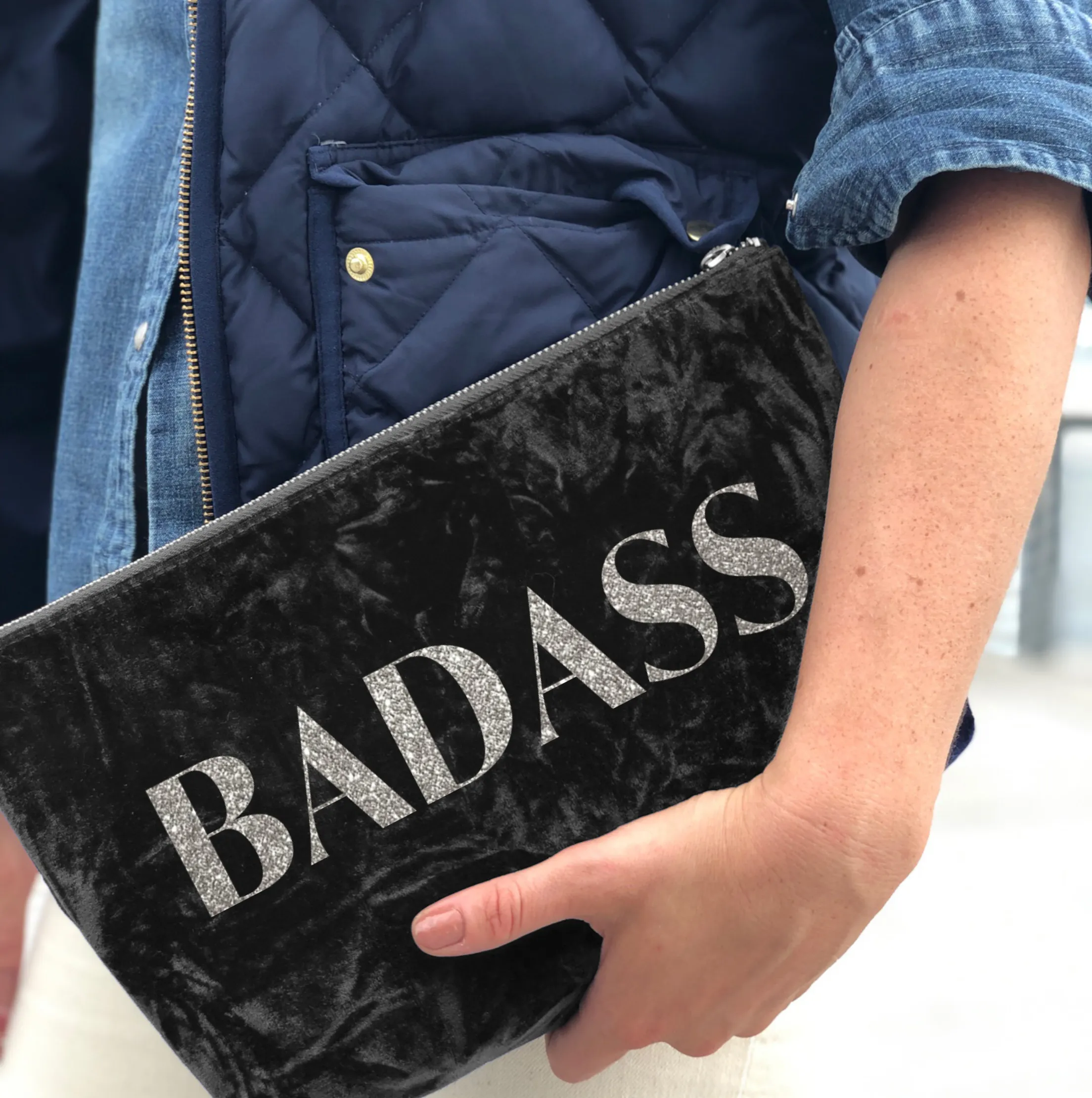 BADASS Clutch Bag- Silver Glitter on Black Crushed Velvet