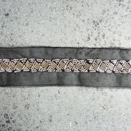 Beaded Trim - Silver on Black