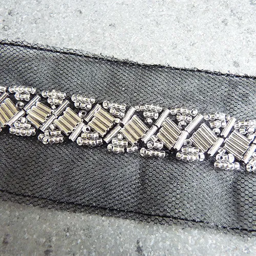 Beaded Trim - Silver on Black