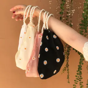 benpaolv Mesh Daisy Pattern Bag Pearl Handle