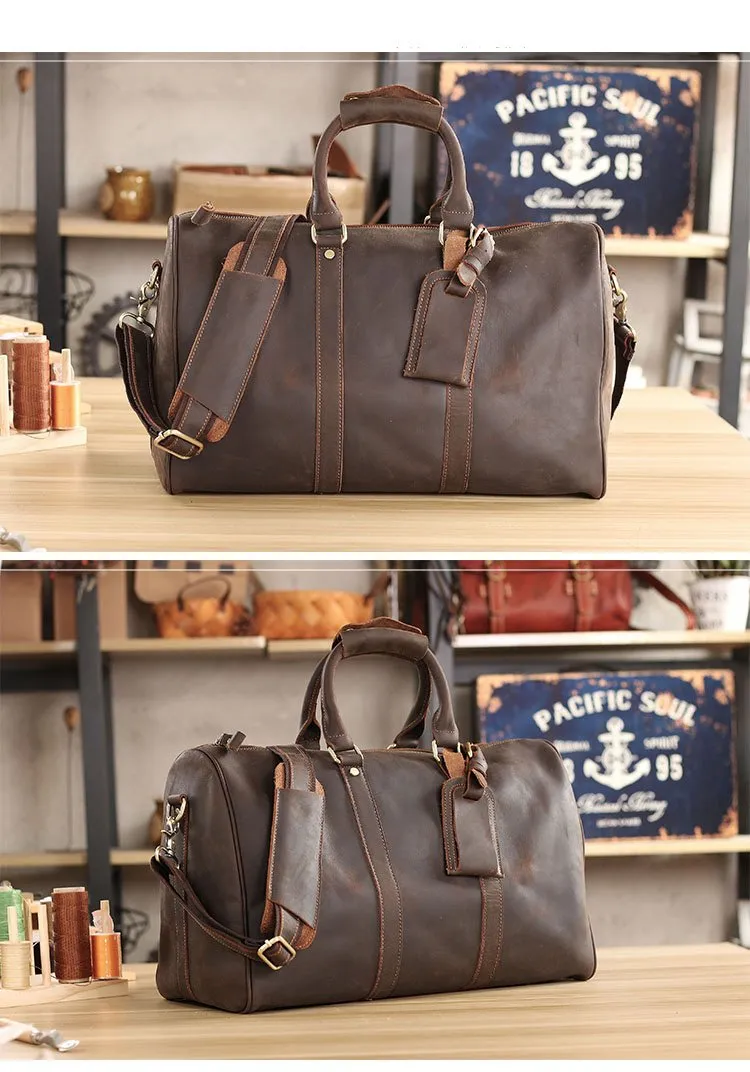 Black Leather Mens Casual Large Travel Bags Shoulder Weekender Bag Brown Duffle Bag For Men