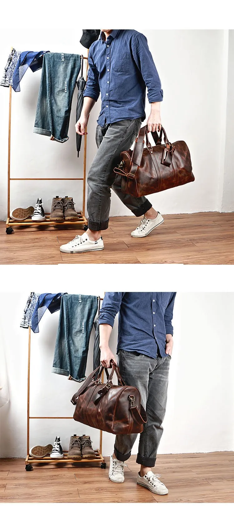 Black Leather Mens Casual Large Travel Bags Shoulder Weekender Bag Brown Duffle Bag For Men