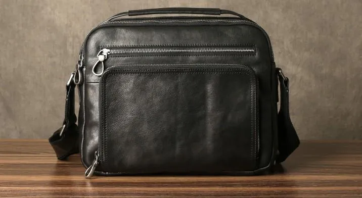 Black Leather Mens Cool Messenger Bags Work Bag Business Bag for men