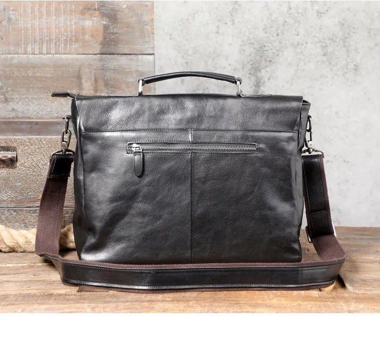 Black Leather Mens Large Briefcase 14inches Laptop Work Bag Laptop Bag Business Bag for Men