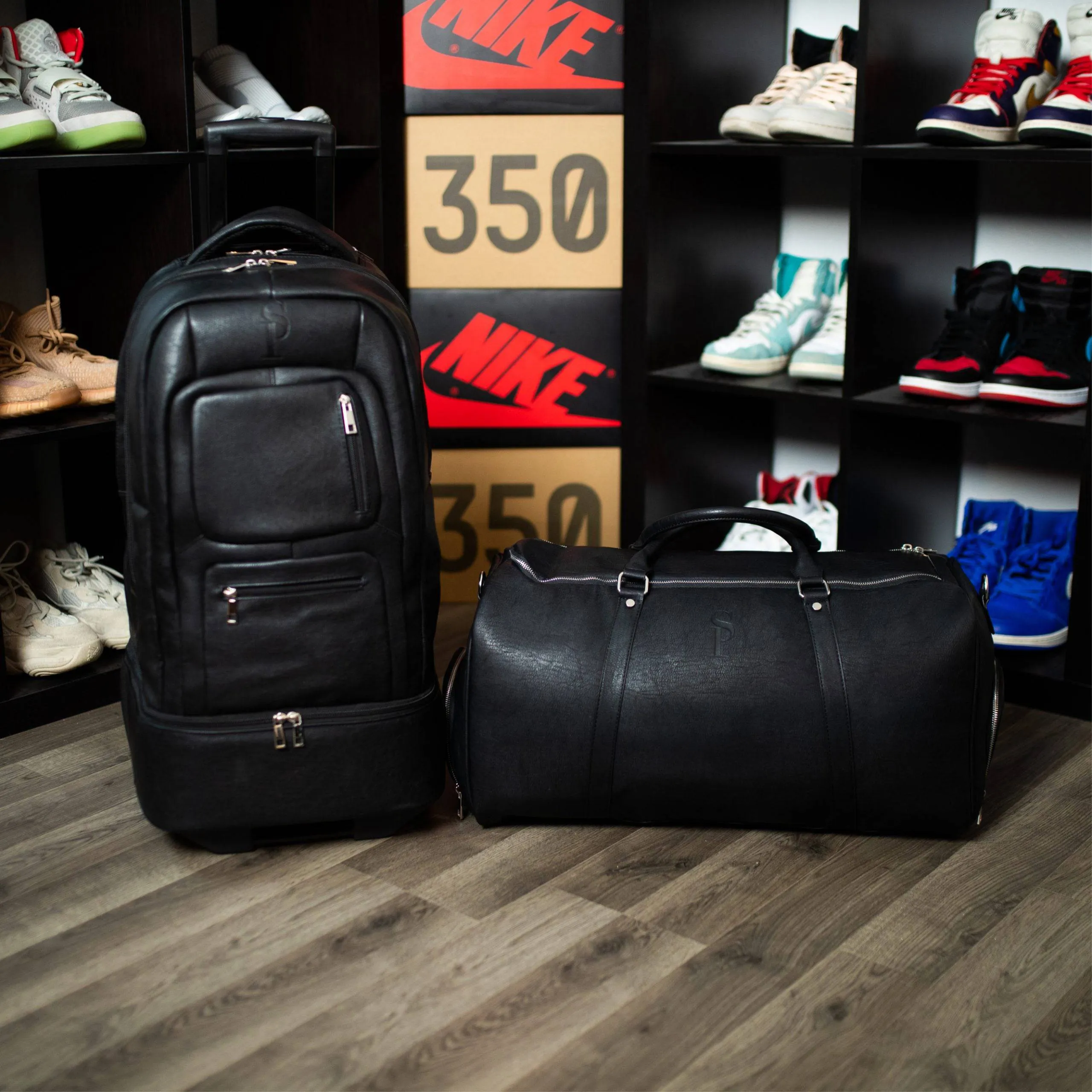 Black Leather Roller Bag Set