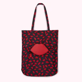 BLACK MULTI HANDPAINTED LIPS FOLDAWAY SHOPPER