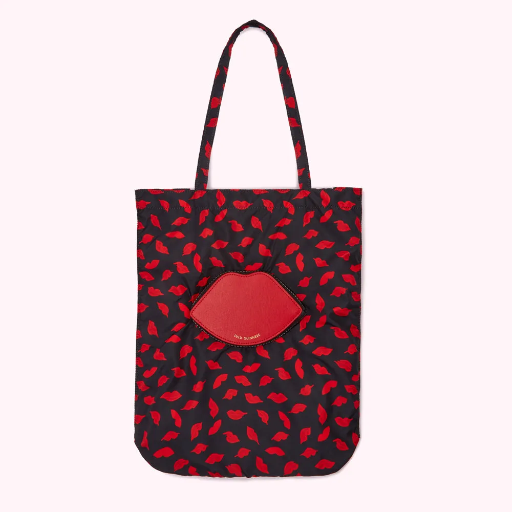 BLACK MULTI HANDPAINTED LIPS FOLDAWAY SHOPPER