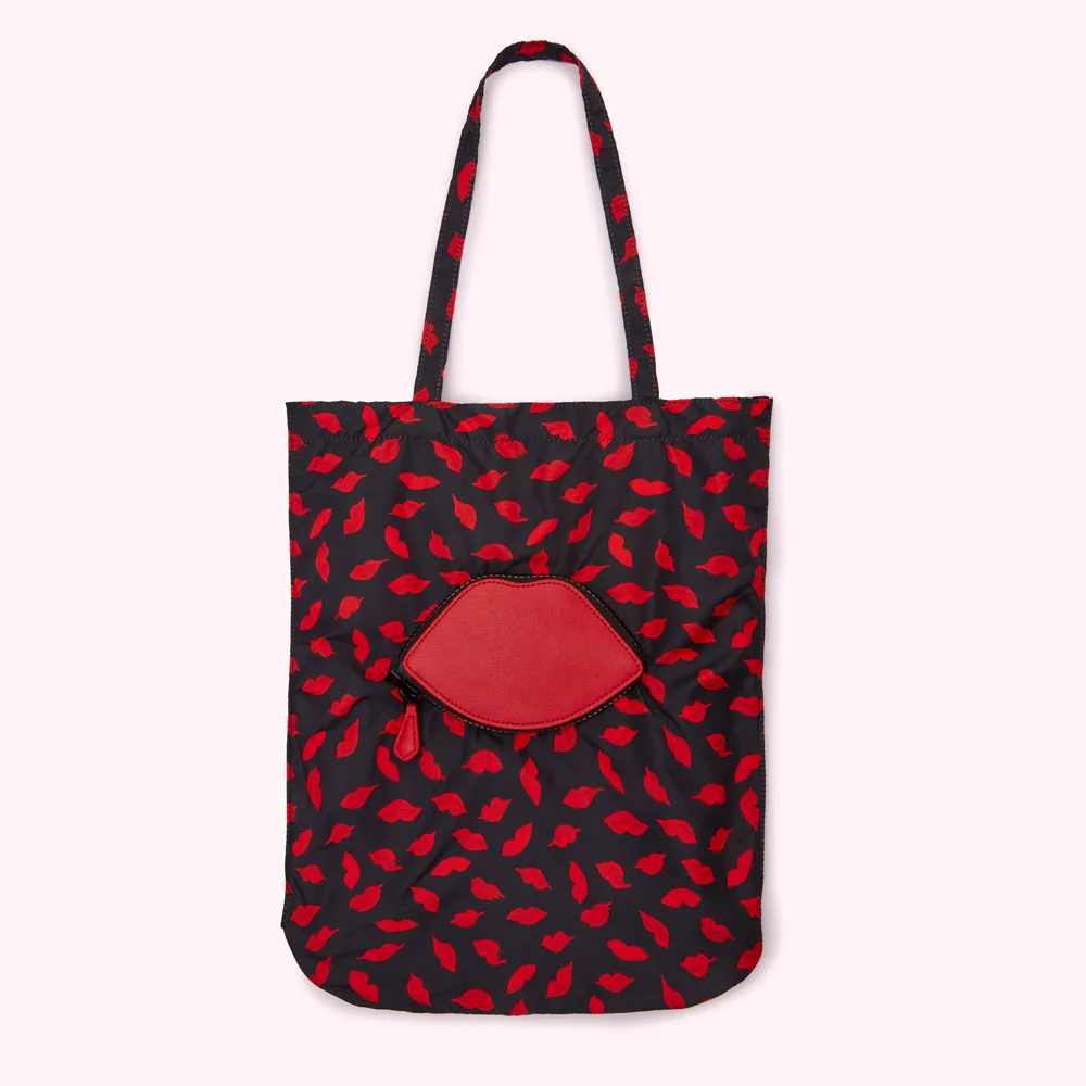 BLACK MULTI HANDPAINTED LIPS FOLDAWAY SHOPPER