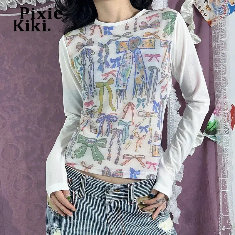 Bow Graffiti Print Graphic T Shirts Y2k White Tees Long Sleeve Top Fall Clothes 2024 Women P85-AH18