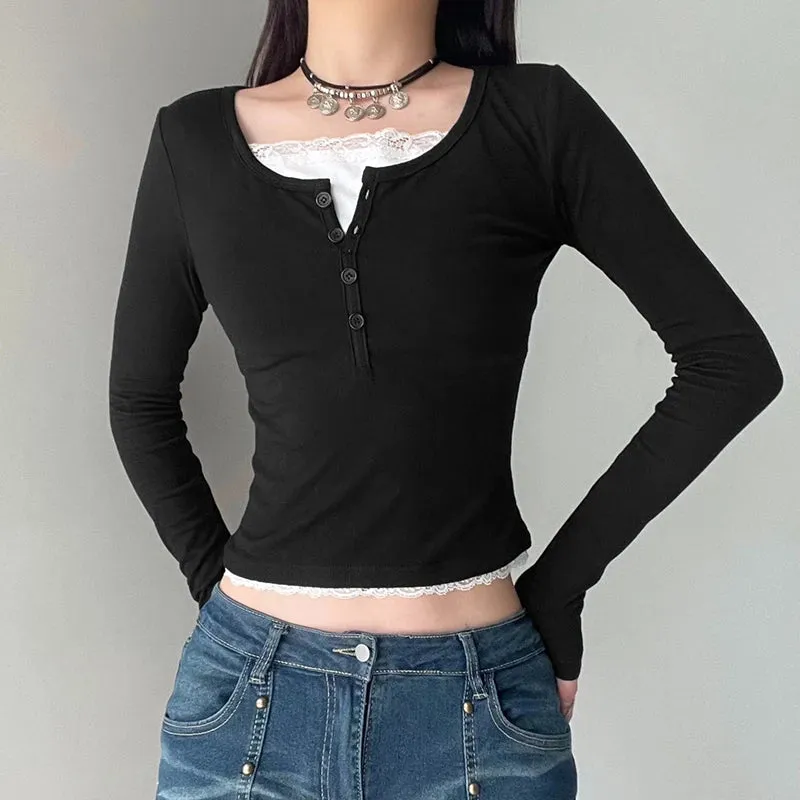 Casual Lace Patched Slim Autumn T-shirts for Women Korean Fashion Basic Crop Top Tee Buttons Long Sleeve Cute Outfits