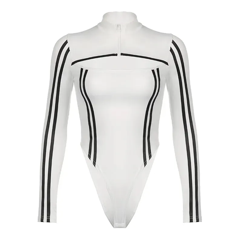 Casual Stripe Stitched Zipper Bodycon Autumn Bodysuit Female Streetwear Moto Style Cut Out Body Stand Collar Rompers