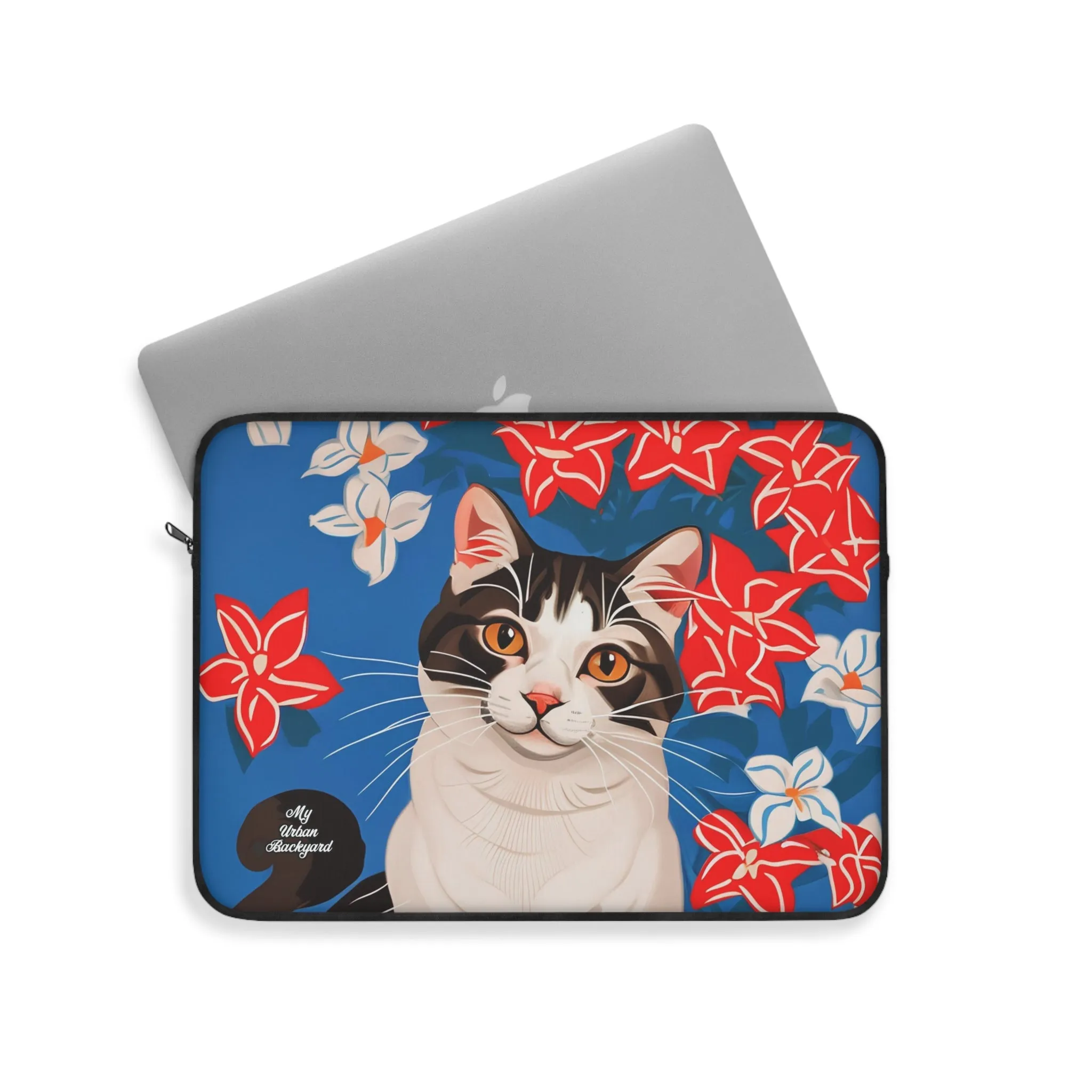 Cat with White & Red Flowers, Laptop Carrying Case, Top Loading Sleeve for School or Work