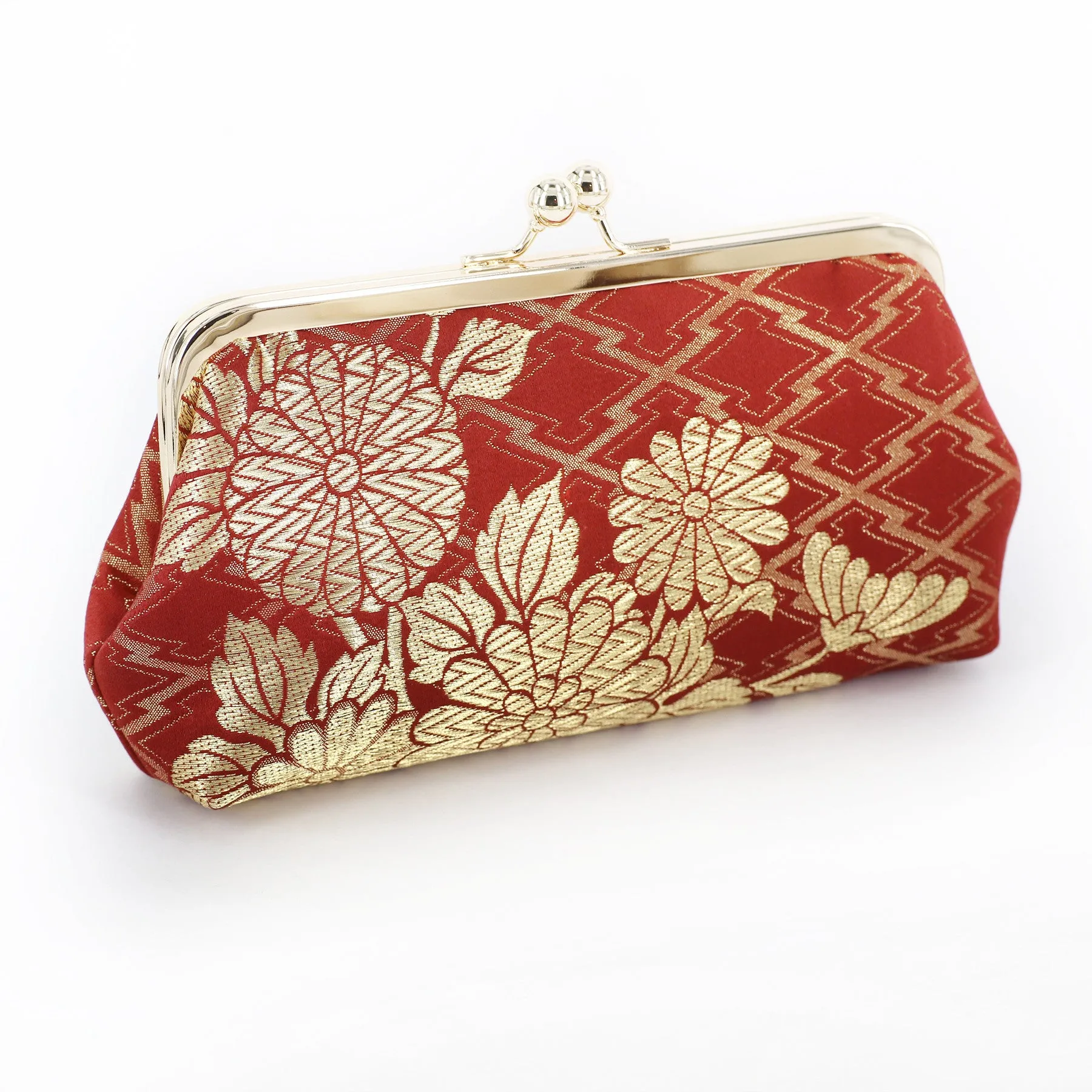 Chrysanthemum and Peony on Burgundy Kimono Clutch | Upcycled from vintage Japanese Kimono