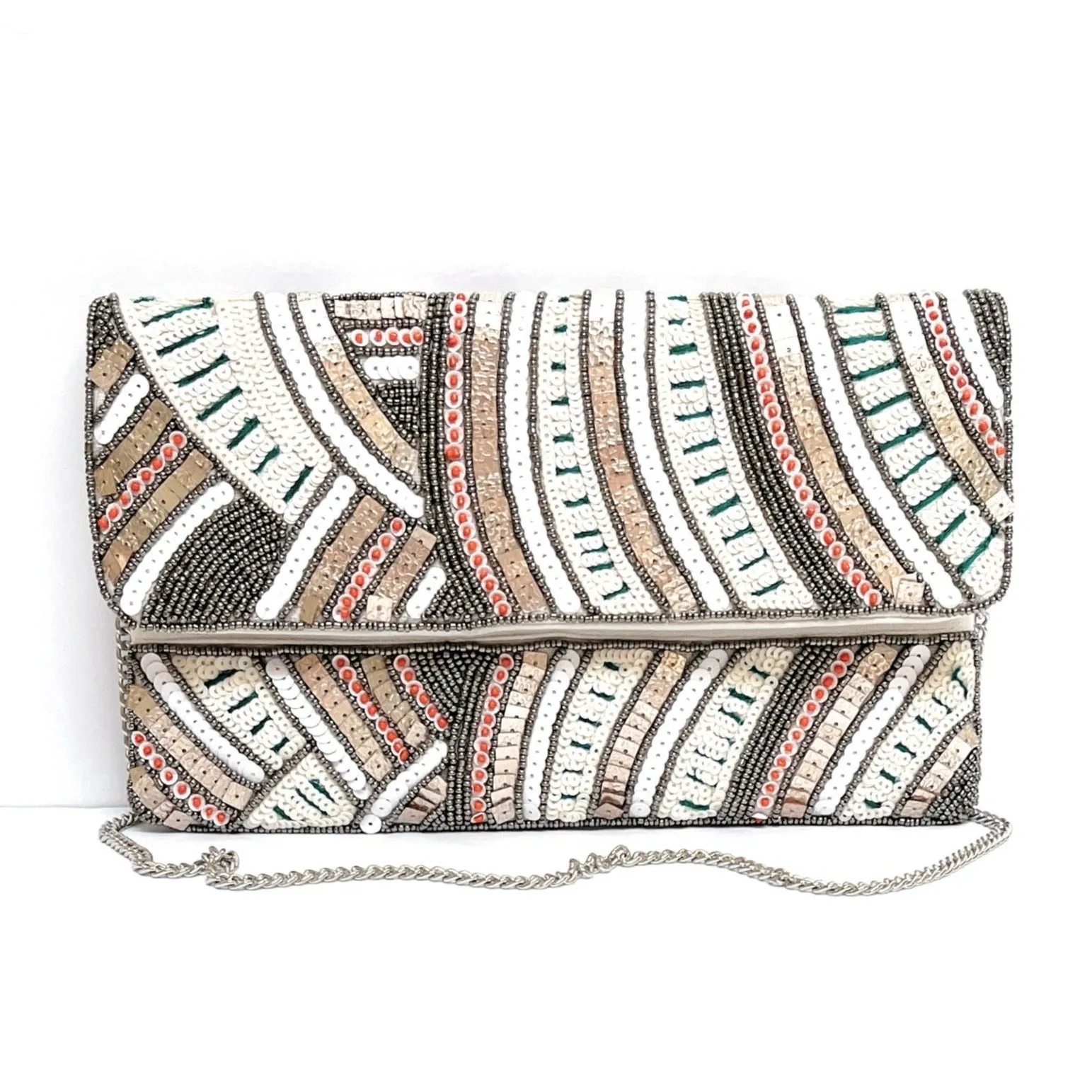 Curved Line Patterned Beaded Clutch Purse