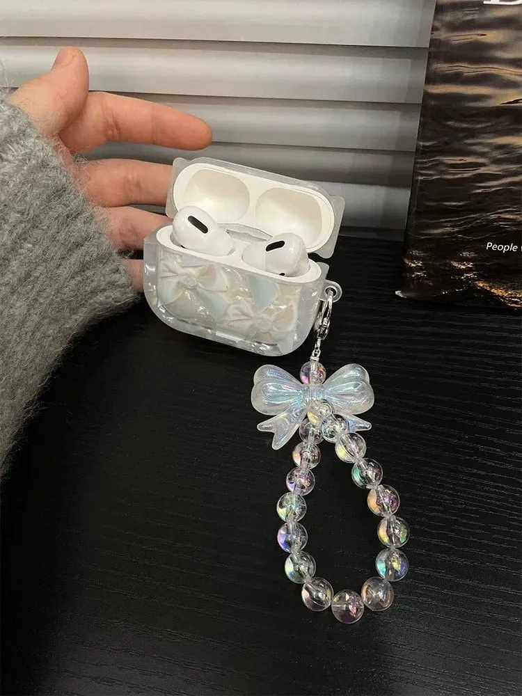 Cute Pearlescent Ribbon Print Protective Cover Case   Holographic Laser Bead Strap for AirPods 1 2 3 Pro 2 Gen Shockproof AirPods Case