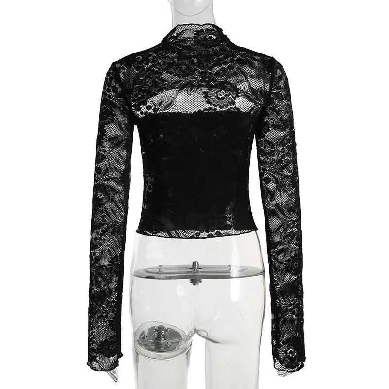 Fashion Chic Stand Collar Black Lace T-shirts Female Transparent Splcied Skinny Club Party Crop Top Cut Out Clothing