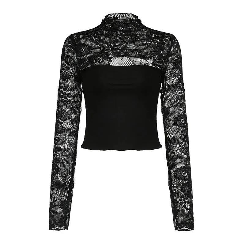 Fashion Chic Stand Collar Black Lace T-shirts Female Transparent Splcied Skinny Club Party Crop Top Cut Out Clothing