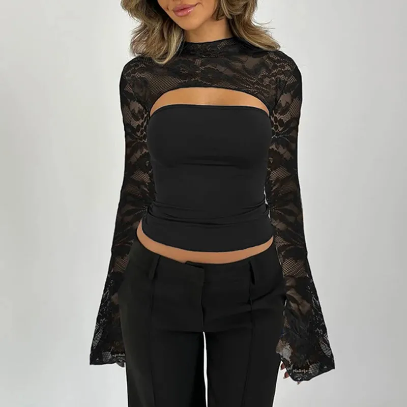 Fashion Chic Stand Collar Black Lace T-shirts Female Transparent Splcied Skinny Club Party Crop Top Cut Out Clothing