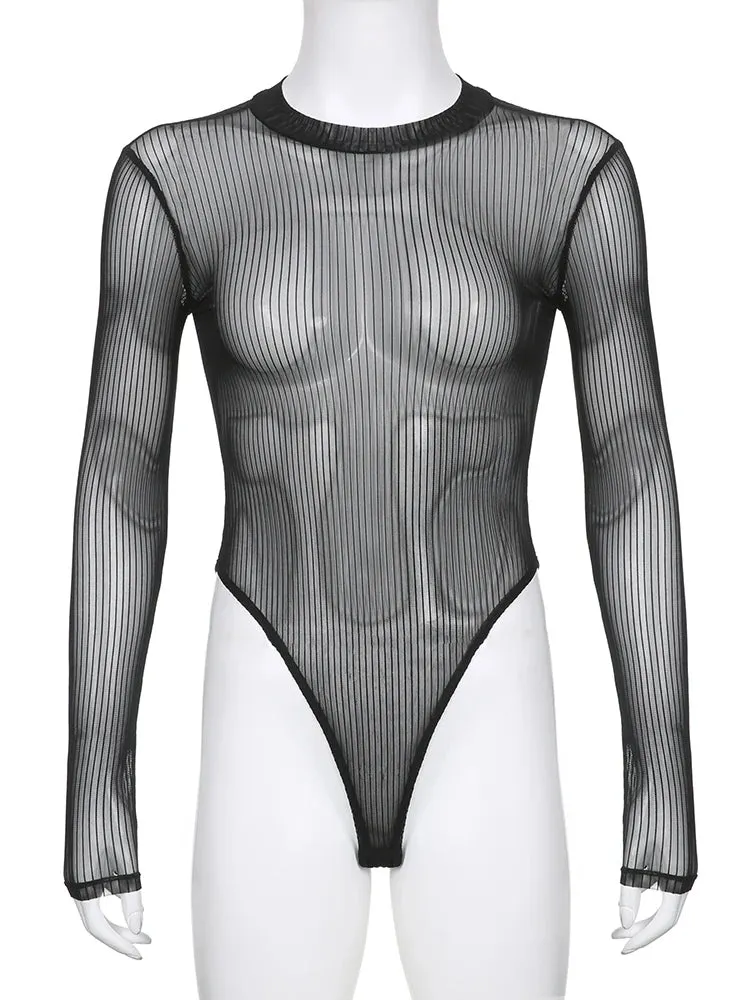 Fashion Skinny Black Stripe Naked Sexy Bodysuit Long Sleeve Summer Women's Bodies See-Through Party One Piece Outfits