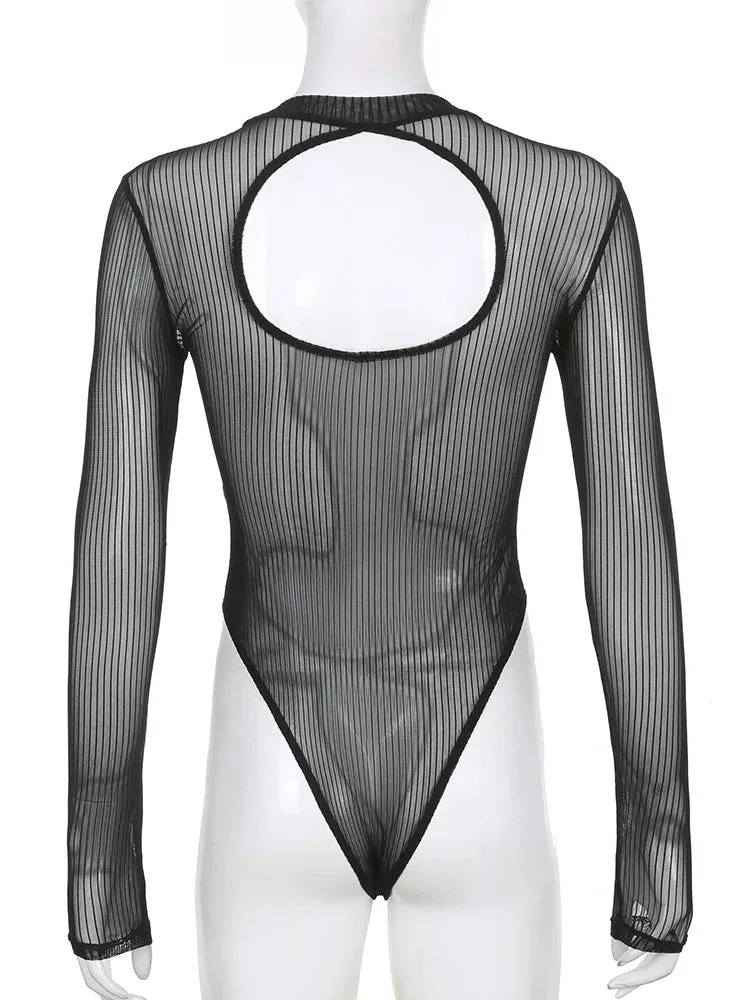 Fashion Skinny Black Stripe Naked Sexy Bodysuit Long Sleeve Summer Women's Bodies See-Through Party One Piece Outfits