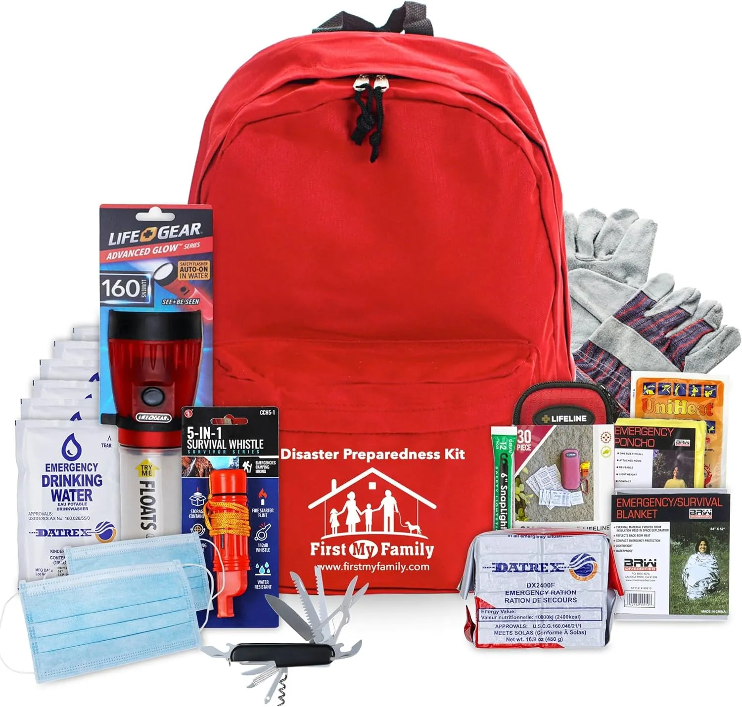 First My Family All-In-One Premium Disaster Preparedness Survival Kit with 72 Hours of Survival and First-Aid Supplies