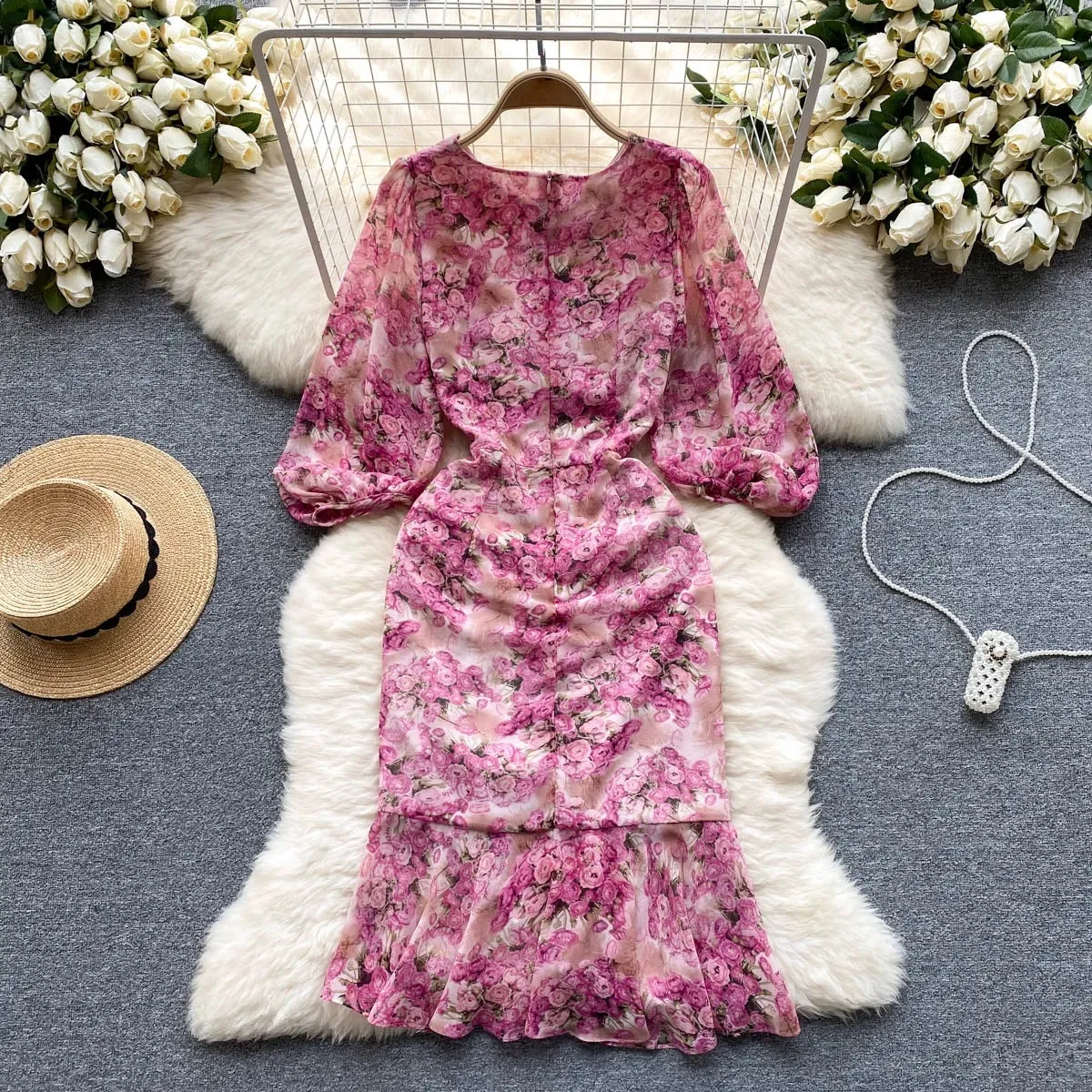 Floral Drawstring Fold Bodycon Maxi Dress     S4451