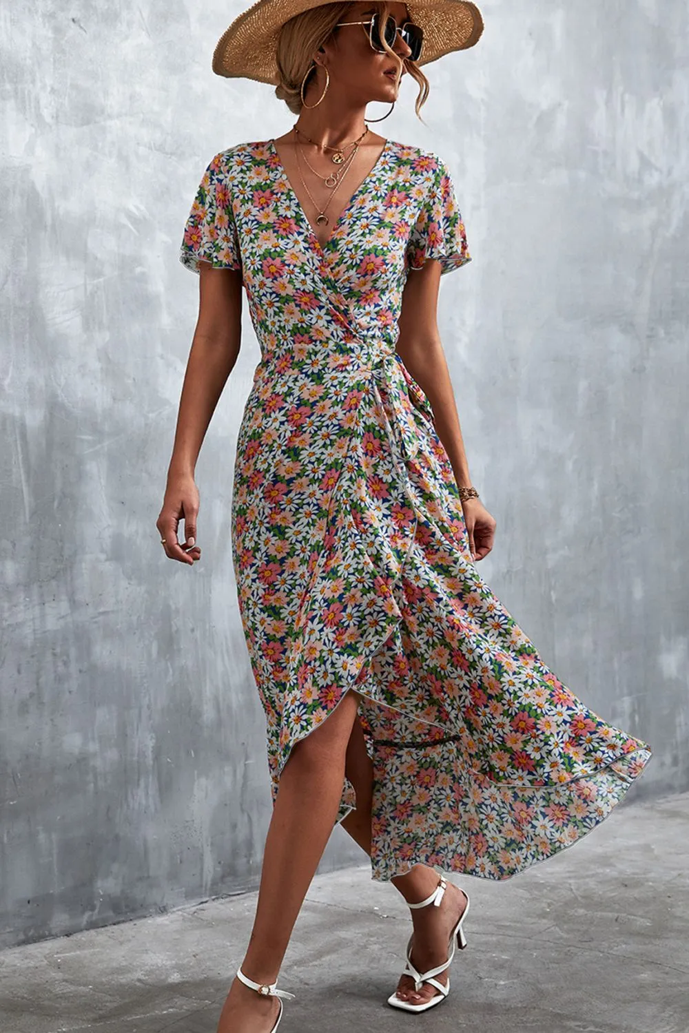 Floral Surplice Neck Tied Midi Dress