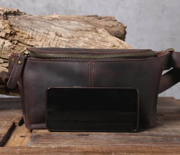 Full Grain Leather Waist Bag Retro Chest Pack Handamde Men Crossbody Bag