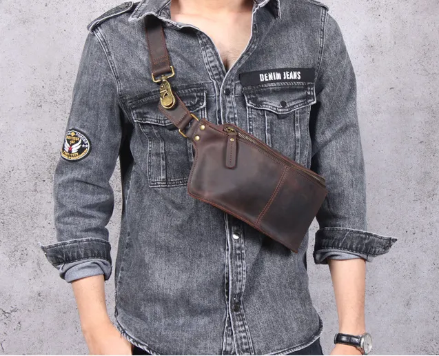 Full Grain Leather Waist Bag Retro Chest Pack Handamde Men Crossbody Bag