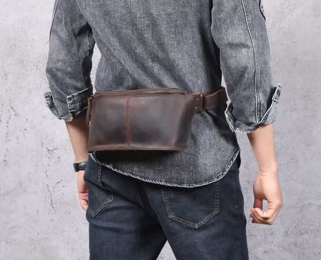 Full Grain Leather Waist Bag Retro Chest Pack Handamde Men Crossbody Bag