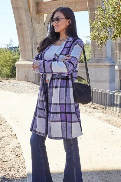 Full Size Plaid Button Up Lapel Collar Coat