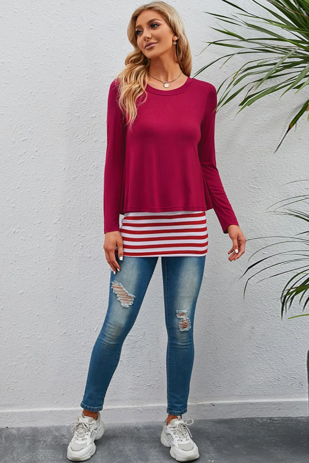 Full Size Striped Faux Layered Long Sleeve Top