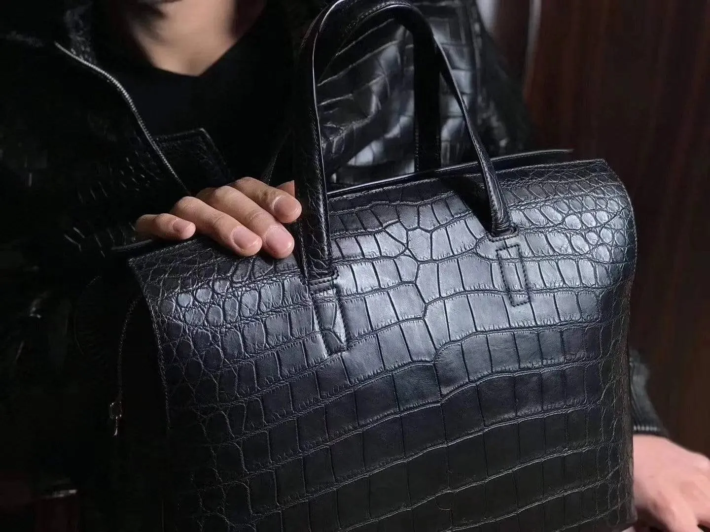 Genuine Crocodile Leather Zip-Top Briefcase