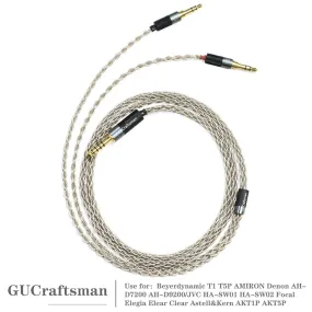 GUCraftsman 6N Single Crystal Silver Headphone Cable For Beyerdynamic T1 T5 2nd Amiron Clear Elear Elegia AH-D9200 AKT5P HA-SW02