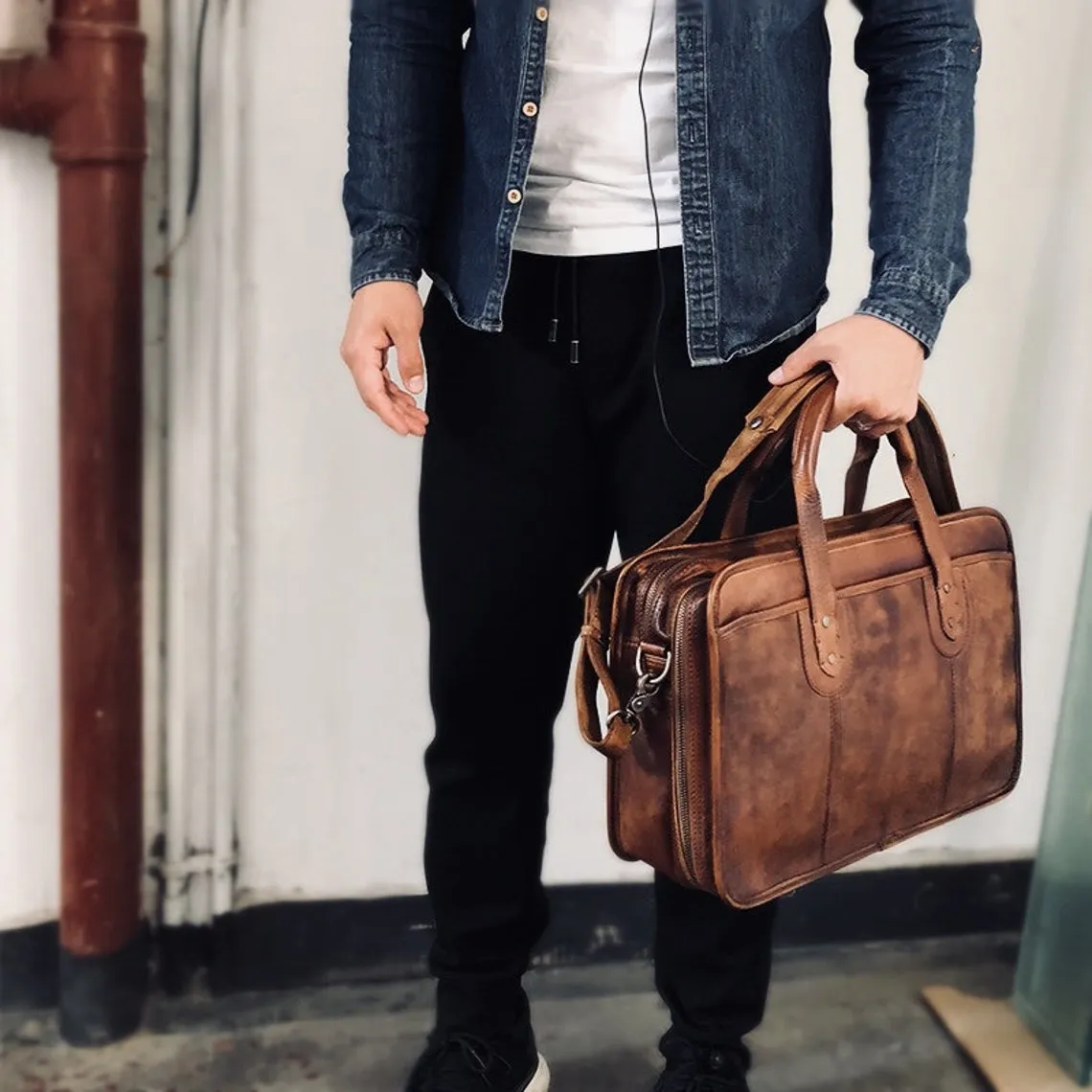 Handmade 15'' Laptop Bag, Leather Briefcase Men, Leather Crossbody Bag, Messenger Bag, Leather Portfolio