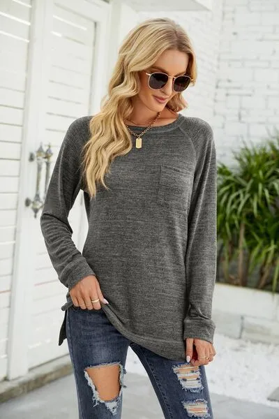 Heathered Slit Round Neck T-Shirt