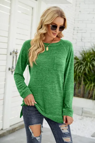 Heathered Slit Round Neck T-Shirt