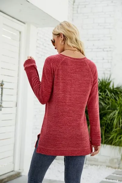 Heathered Slit Round Neck T-Shirt