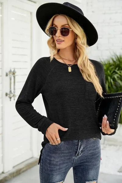 Heathered Slit Round Neck T-Shirt