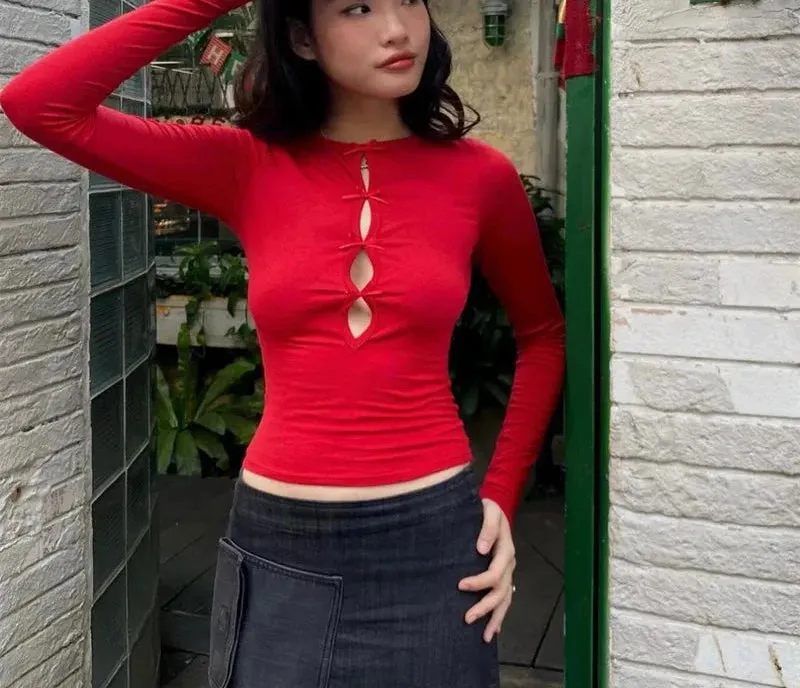 Hollow Out Bow Red Crop Tops Coquette Clothes Spring 2024 Long Sleeve T Shirt Women Y2k Clothing 2000s P33-BE13