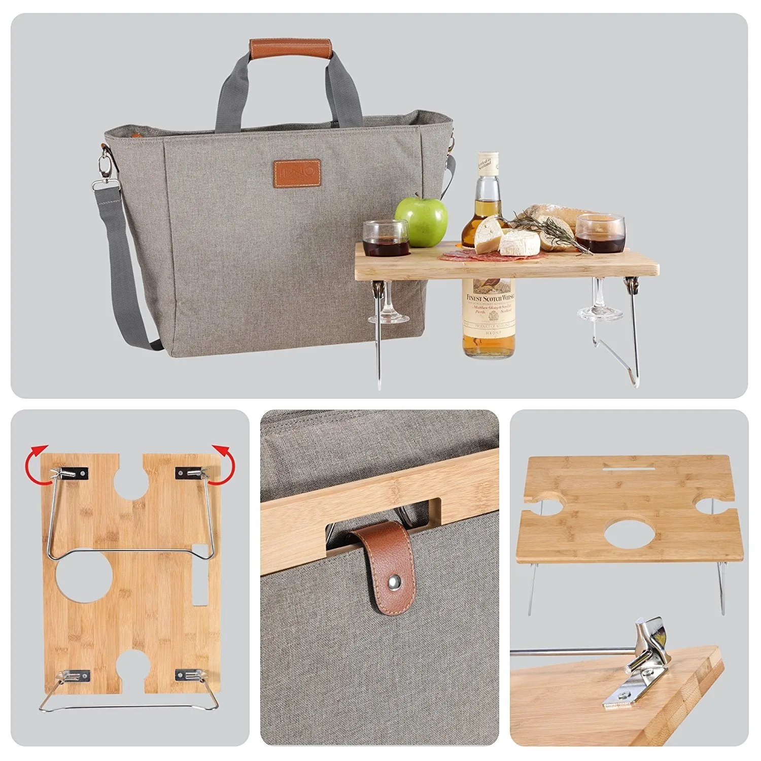 INNOSTAGE XL Large Insulated Cooler Tote Portable Wine Carrier Bag Picnic Cooler Bag with Portable Bamboo Wine Snack Table - Beige