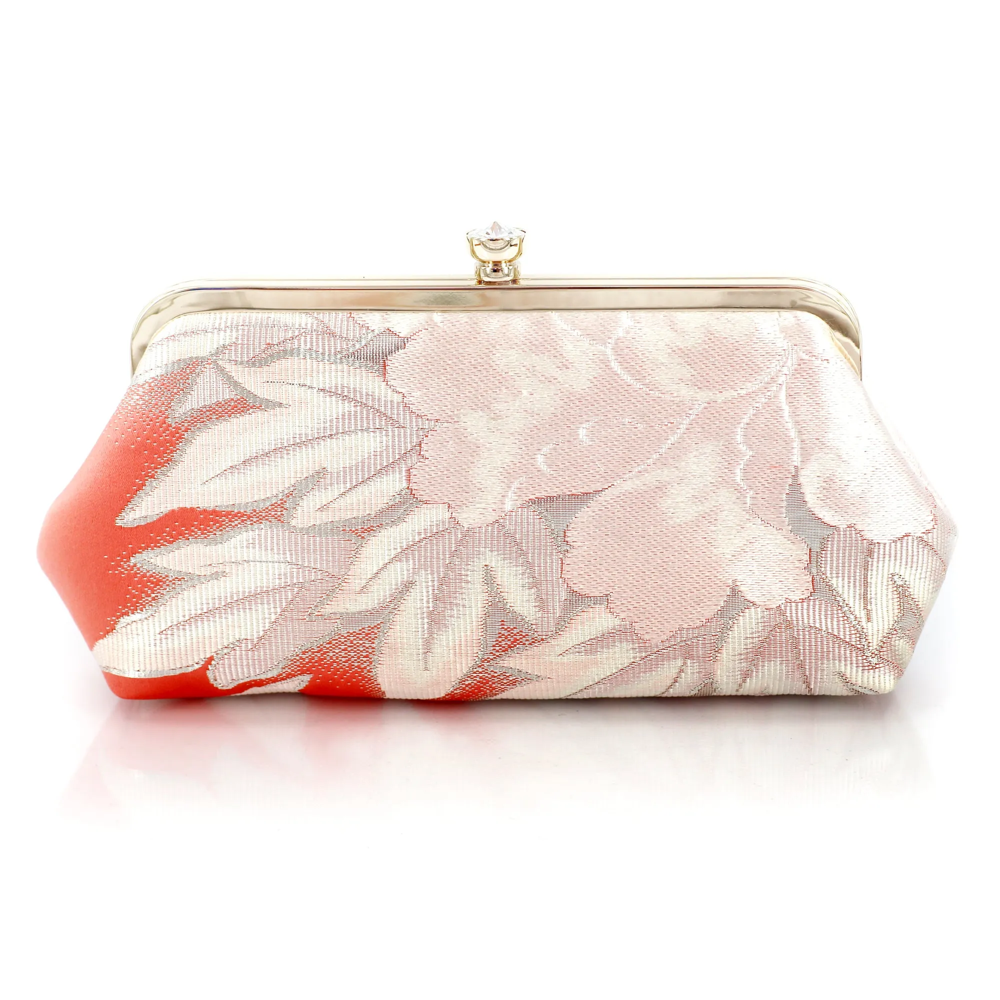 Japanese Kimono Peony Clutch Purse in Silver and Peach | Upcycled from vintage Japanese Obi