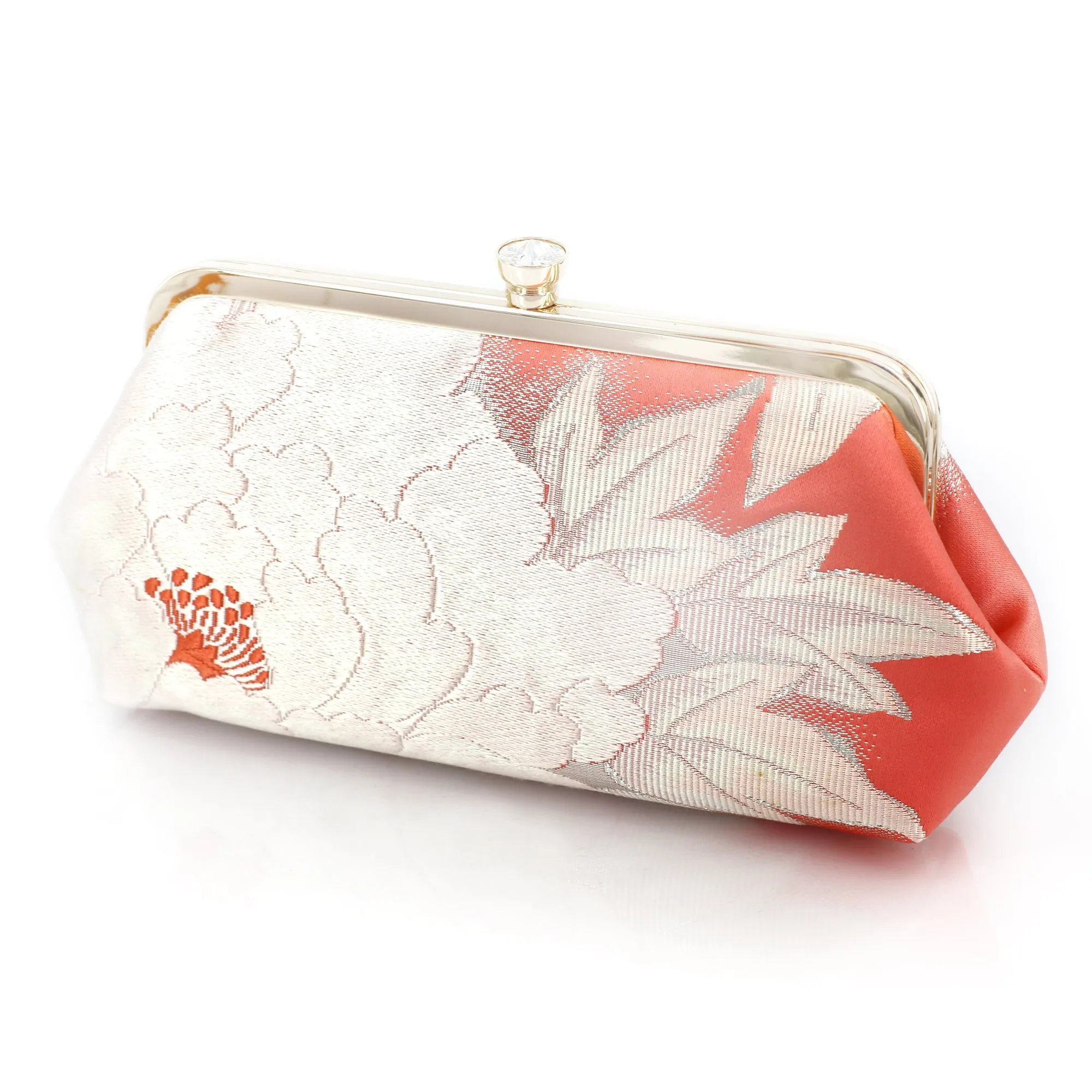 Japanese Kimono Peony Clutch Purse in Silver and Peach | Upcycled from vintage Japanese Obi