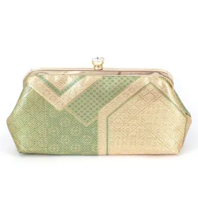 Kikko Hexagon Clutch Purse in Gold and Green| Upcycled from vintage Japanese Obi